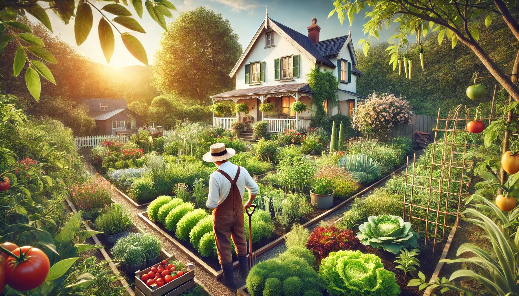 Showing farmer working in Front Yard vegetable garden in front of is beautiful house