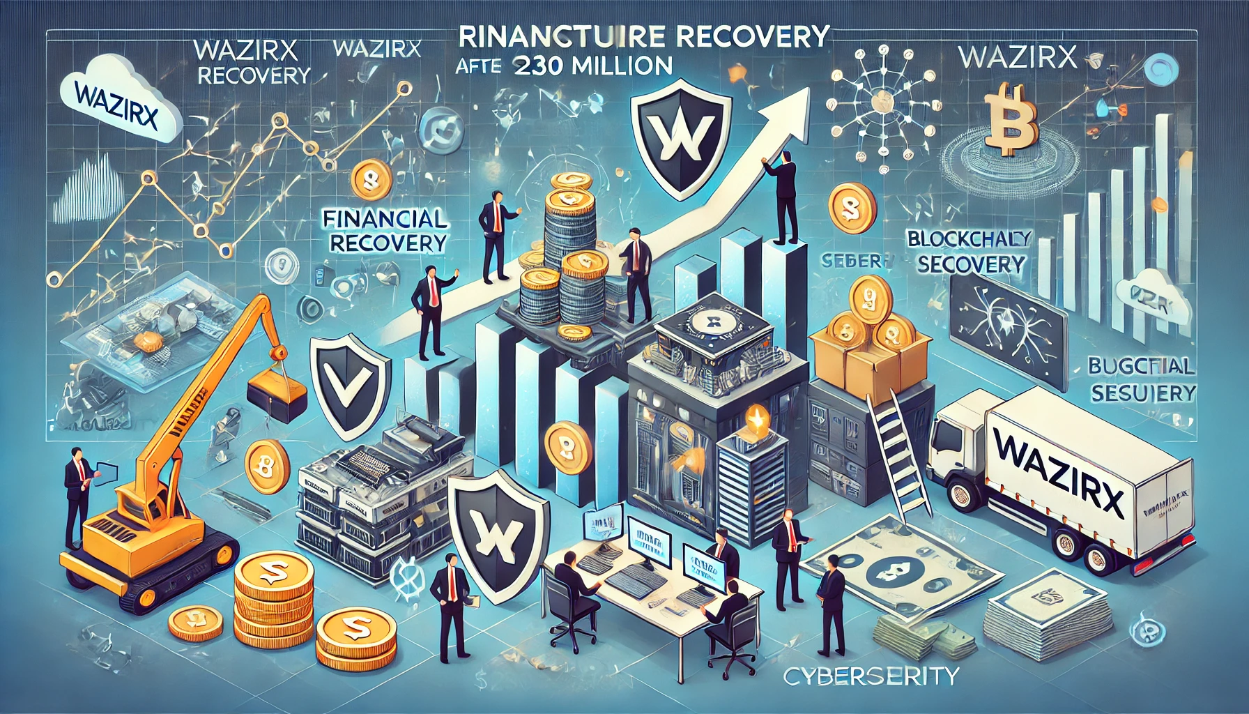 Conceptual image illustrating WazirX's financial recovery and cybersecurity improvements following a $230 million hack, featuring financial charts, blockchain security, and professional teams working on system protection.